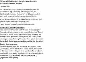 Mehr über den Artikel erfahren Abholung Kübelpflanzen – Umleitung wg. Straßensperre